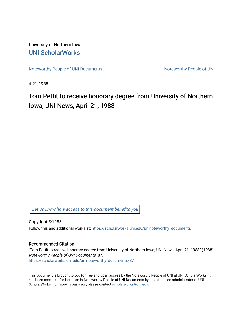 Tom Pettit to Receive Honorary Degree from University of Northern Iowa, UNI News, April 21, 1988