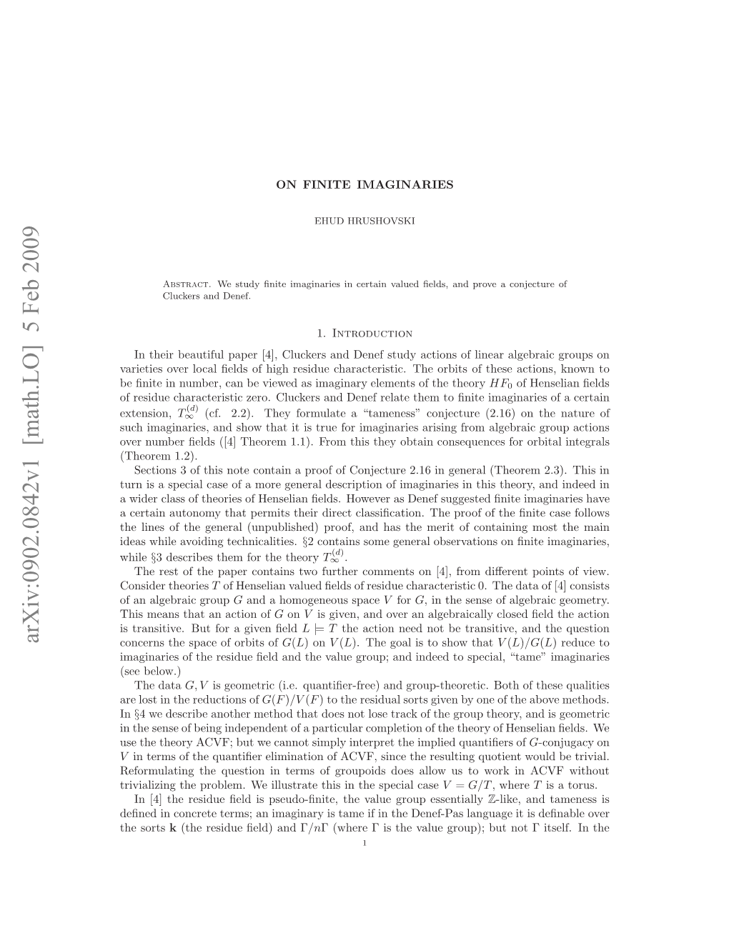 Arxiv:0902.0842V1 [Math.LO] 5 Feb 2009 Eﬁiei Ubr a Evee Siaiayeeet Ftetheory the of Elements Imaginary Orbits As the Viewed Be Characteristic