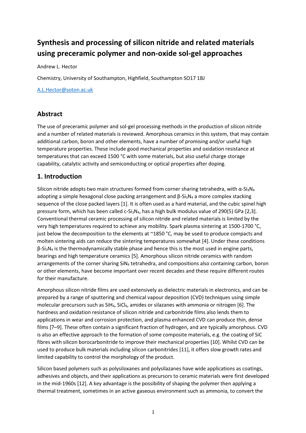 Synthesis and Processing of Silicon Nitride and Related Materials Using Preceramic Polymer and Non-Oxide Sol-Gel Approaches