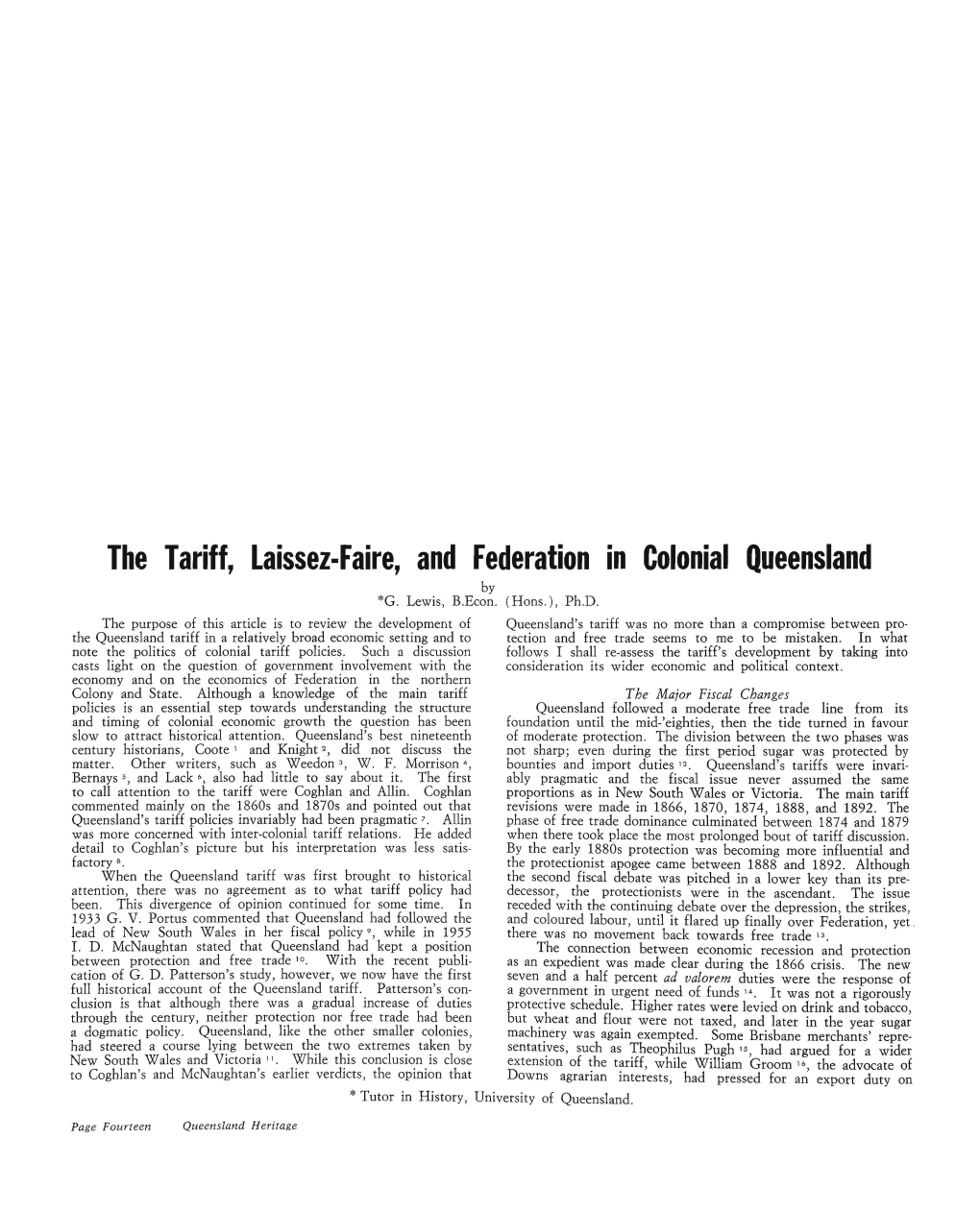 The Tariff, Laissez-Faire, and Federation in Colonial Queensland