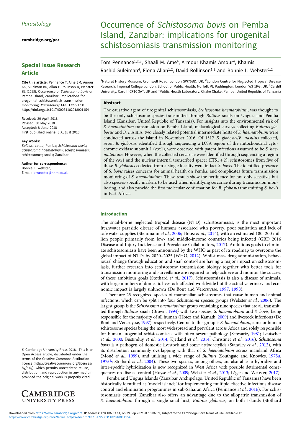 Schistosoma Bovis on Pemba Island, Zanzibar: Implications for Urogenital Cambridge.Org/Par Schistosomiasis Transmission Monitoring