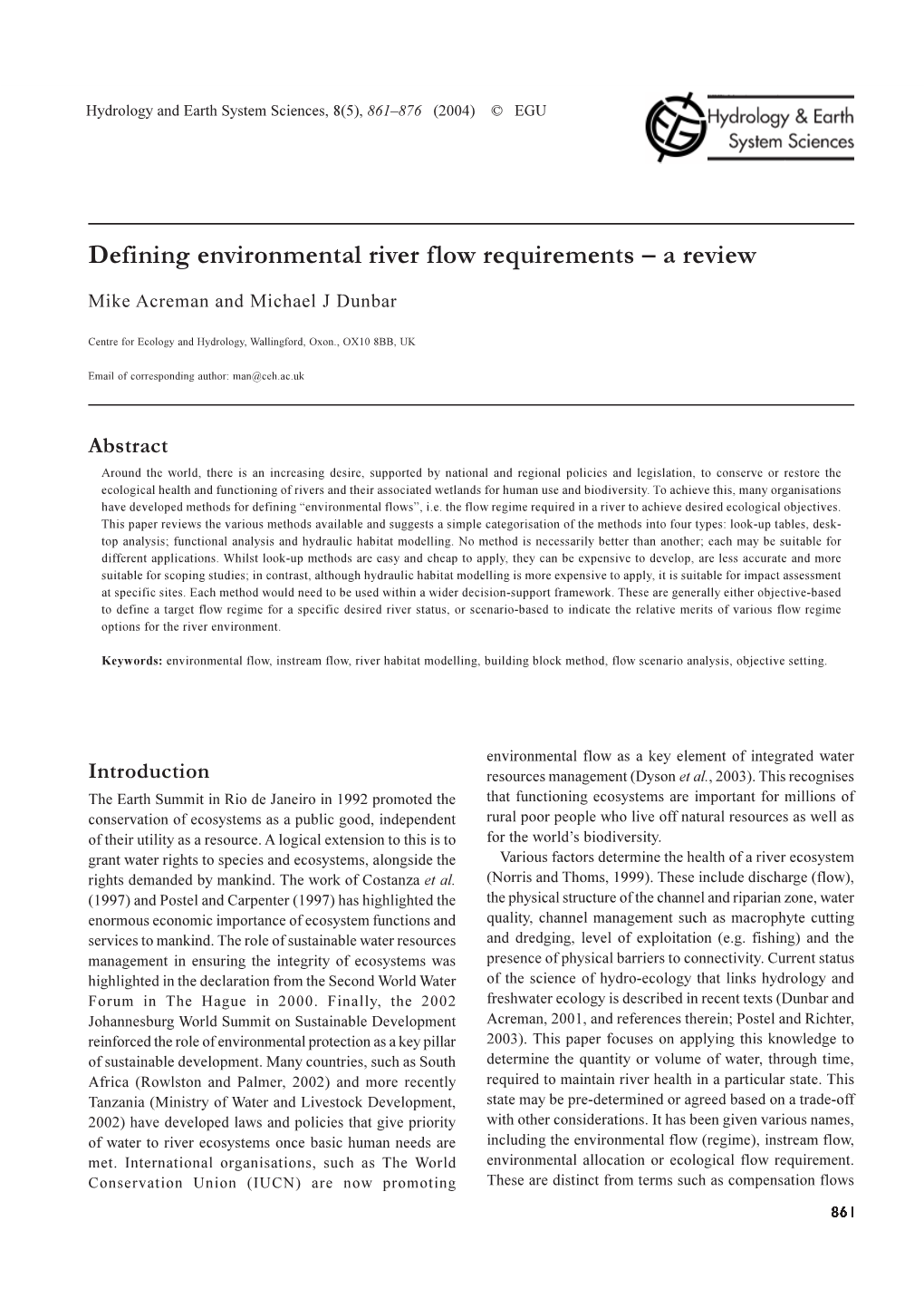 Defining Environmental River Flow Requirements – a Review