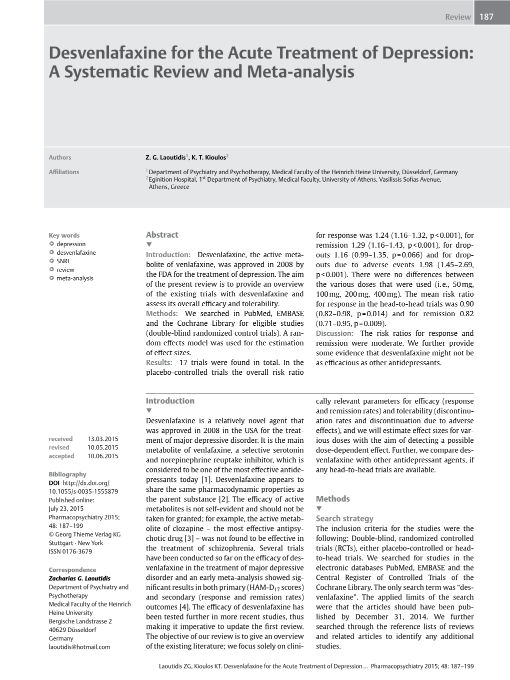 Desvenlafaxine for the Acute Treatment of Depression: a Systematic Review and Meta-Analysis