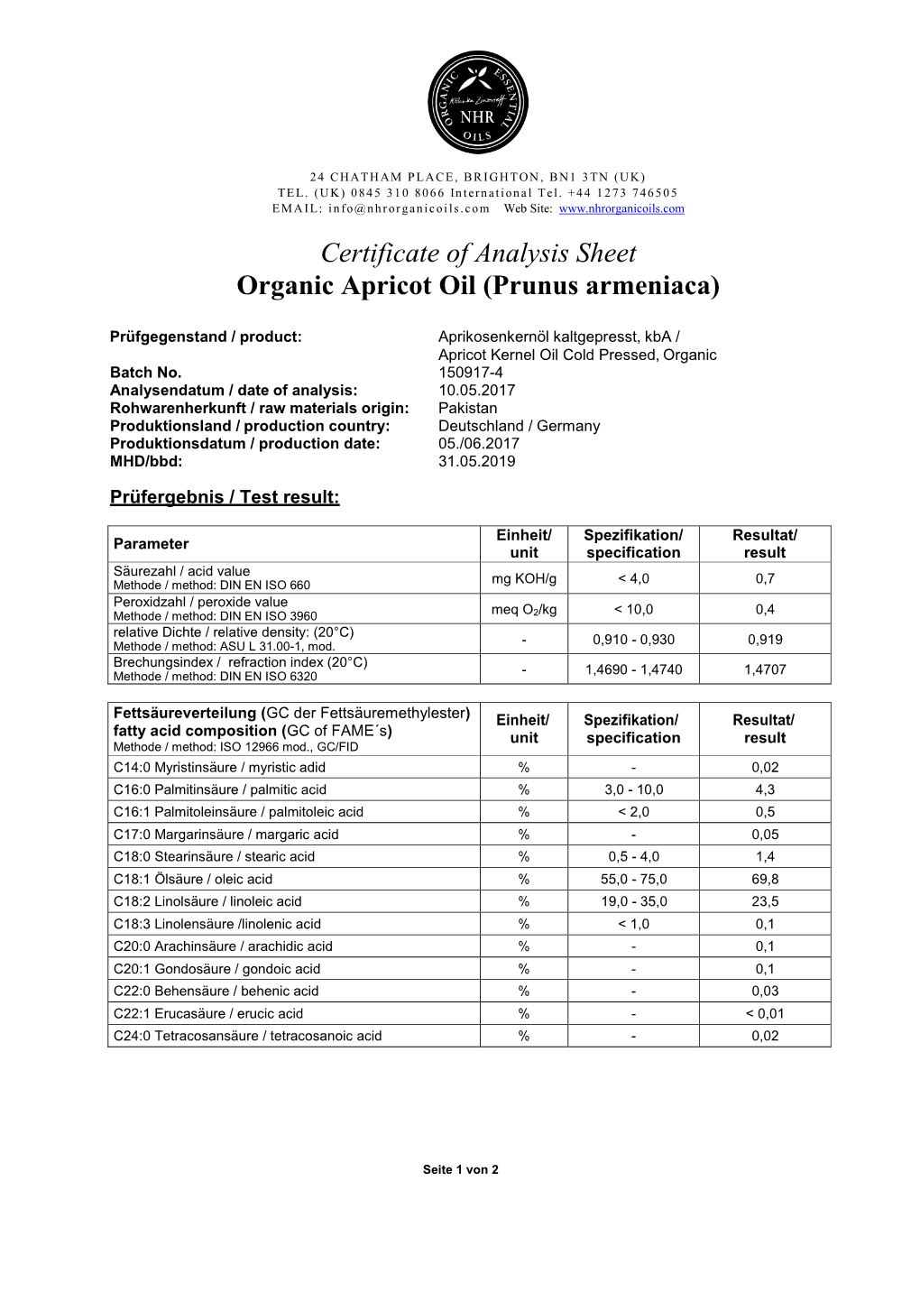 Certificate of Analysis Sheet Organic Apricot Oil (Prunus Armeniaca)