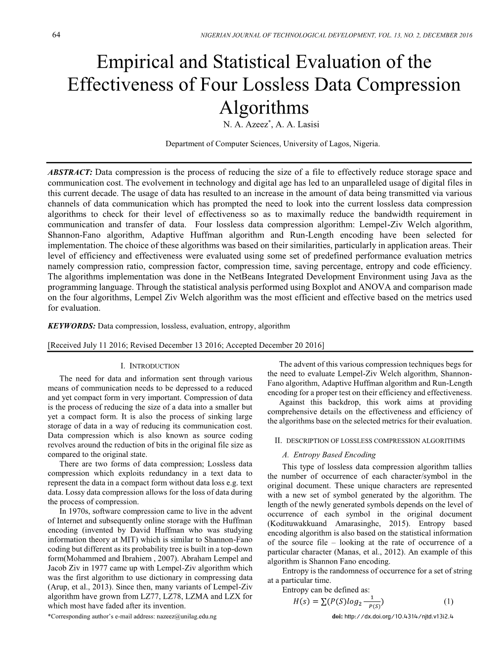 Empirical and Statistical Evaluation of the Effectiveness of Four Lossless Data Compression Algorithms N