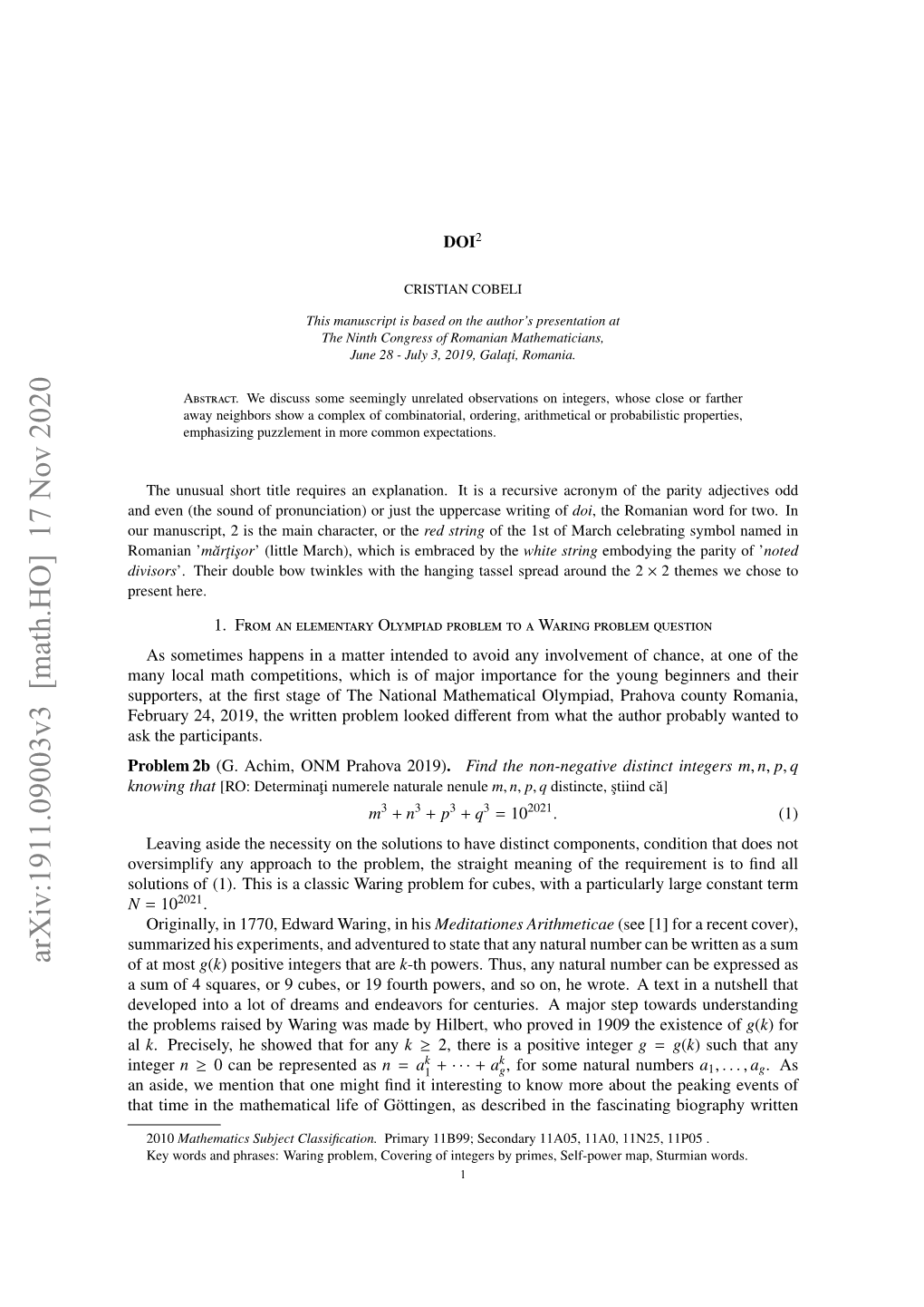 Arxiv:1911.09003V3 [Math.HO] 17 Nov 2020 of at Most G(K) Positive Integers That Are K-Th Powers