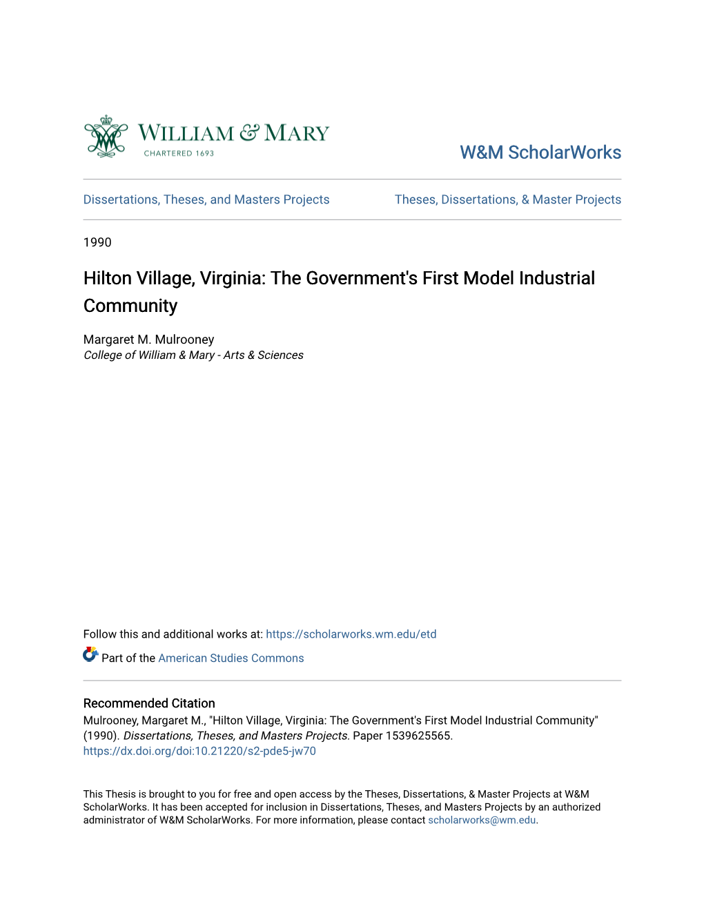 Hilton Village, Virginia: the Government's First Model Industrial Community