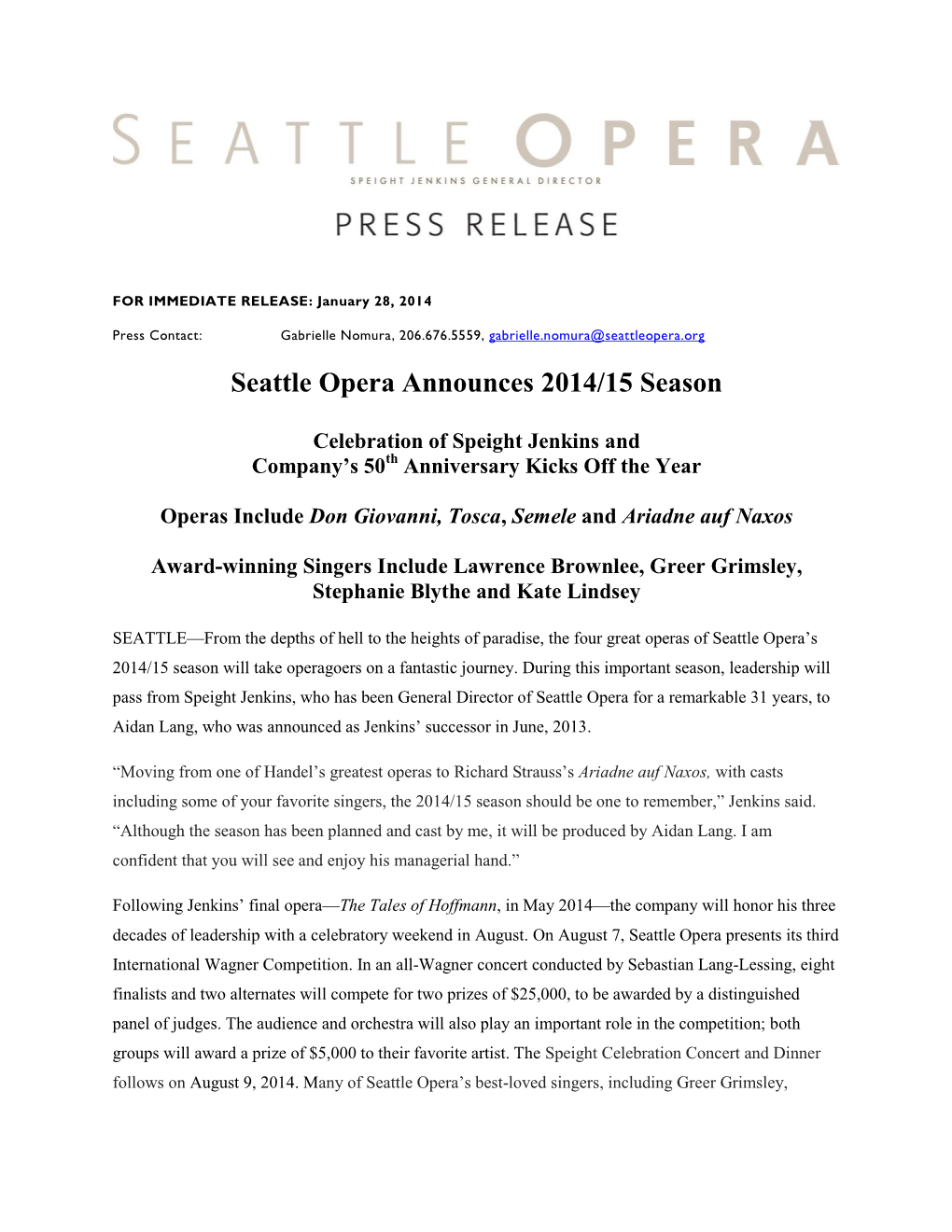 Seattle Opera Announces 2014/15 Season