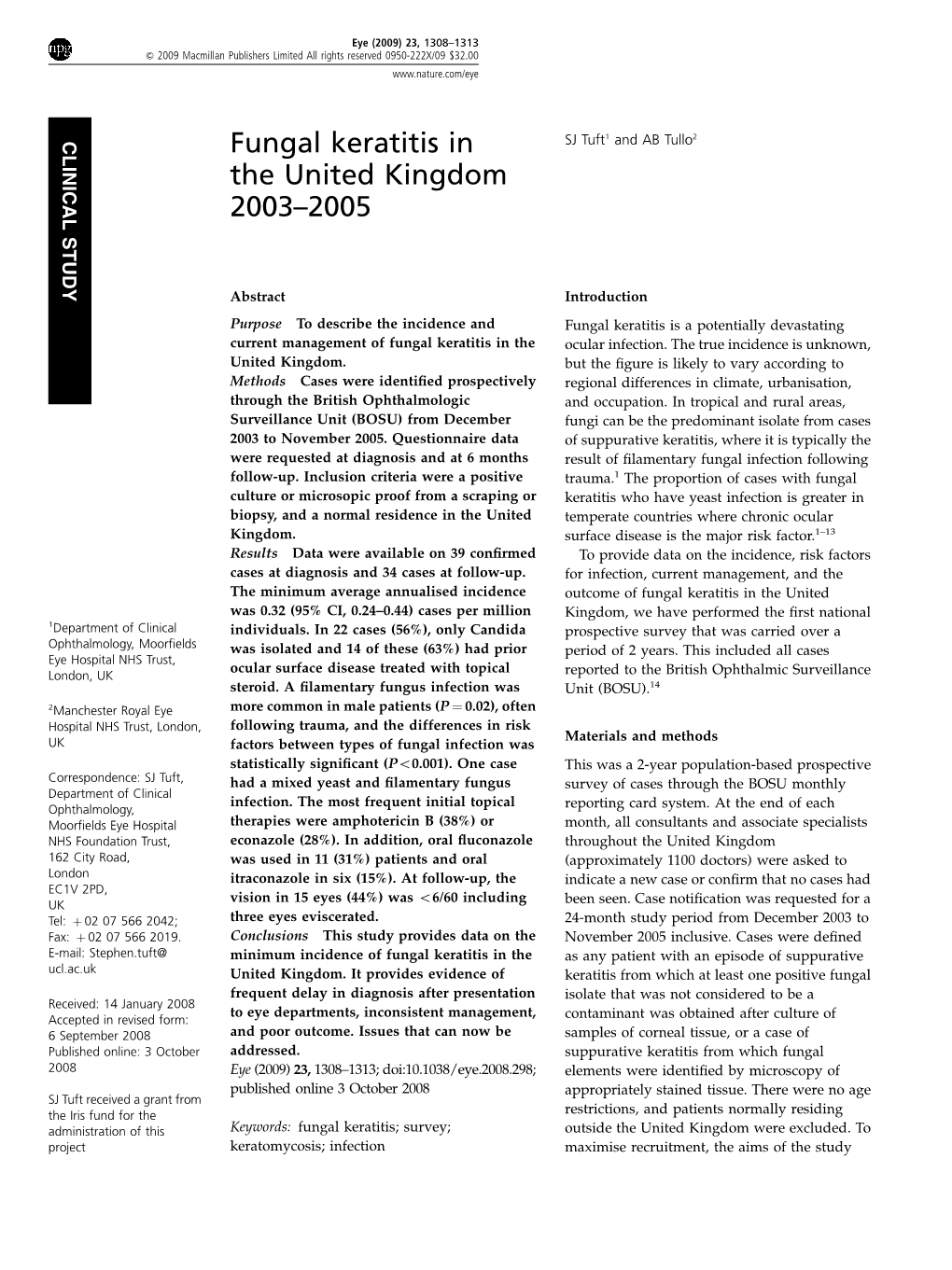 Fungal Keratitis in the United Kingdom 2003&Ndash;2005