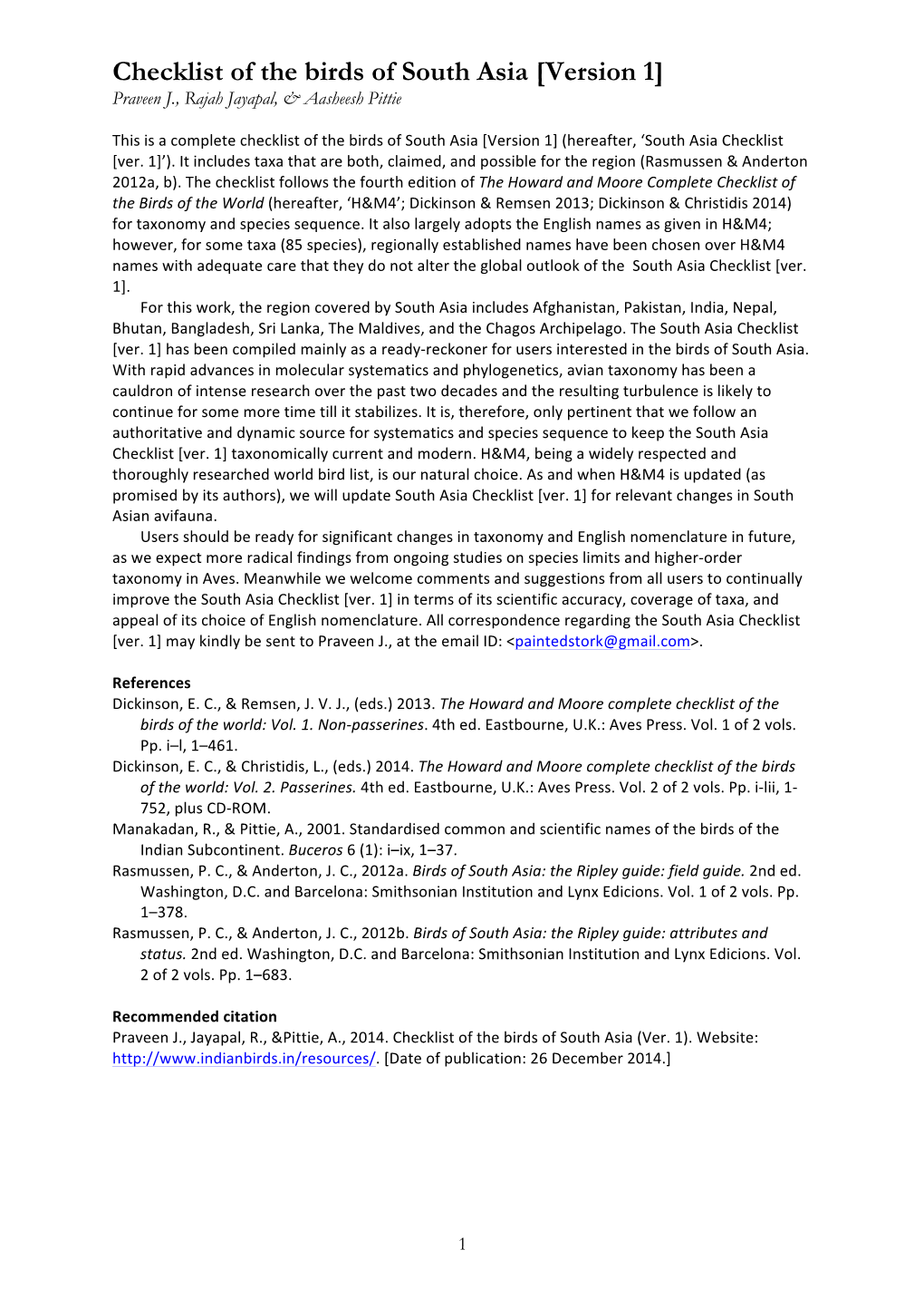 Checklist of the Birds of South Asia [Version 1] Praveen J., Rajah Jayapal, & Aasheesh Pittie