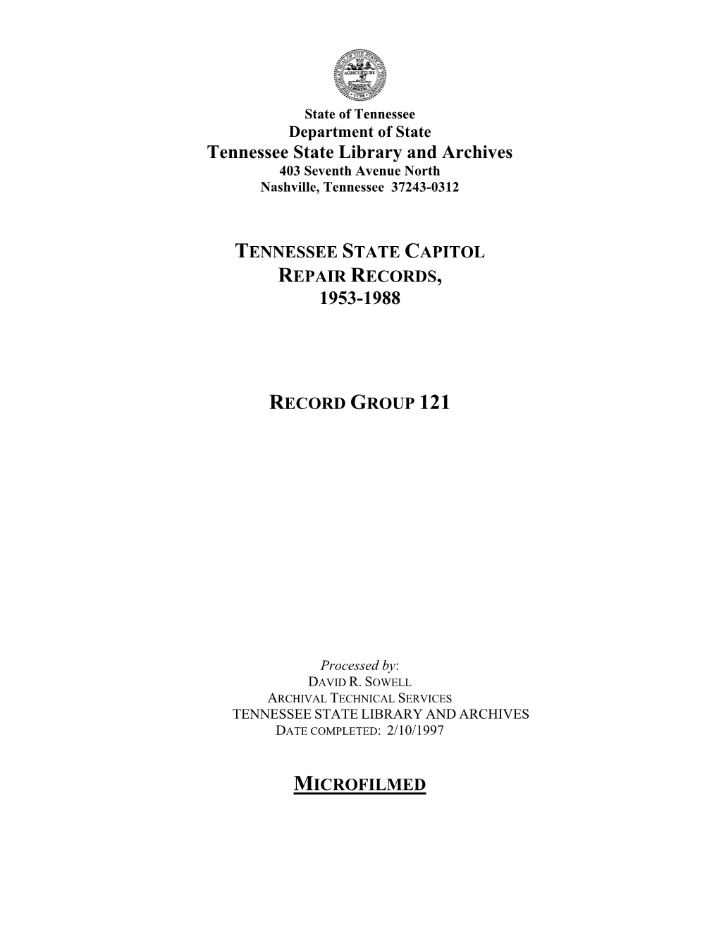 Tennessee State Capitol Repair Records, 1953-1988