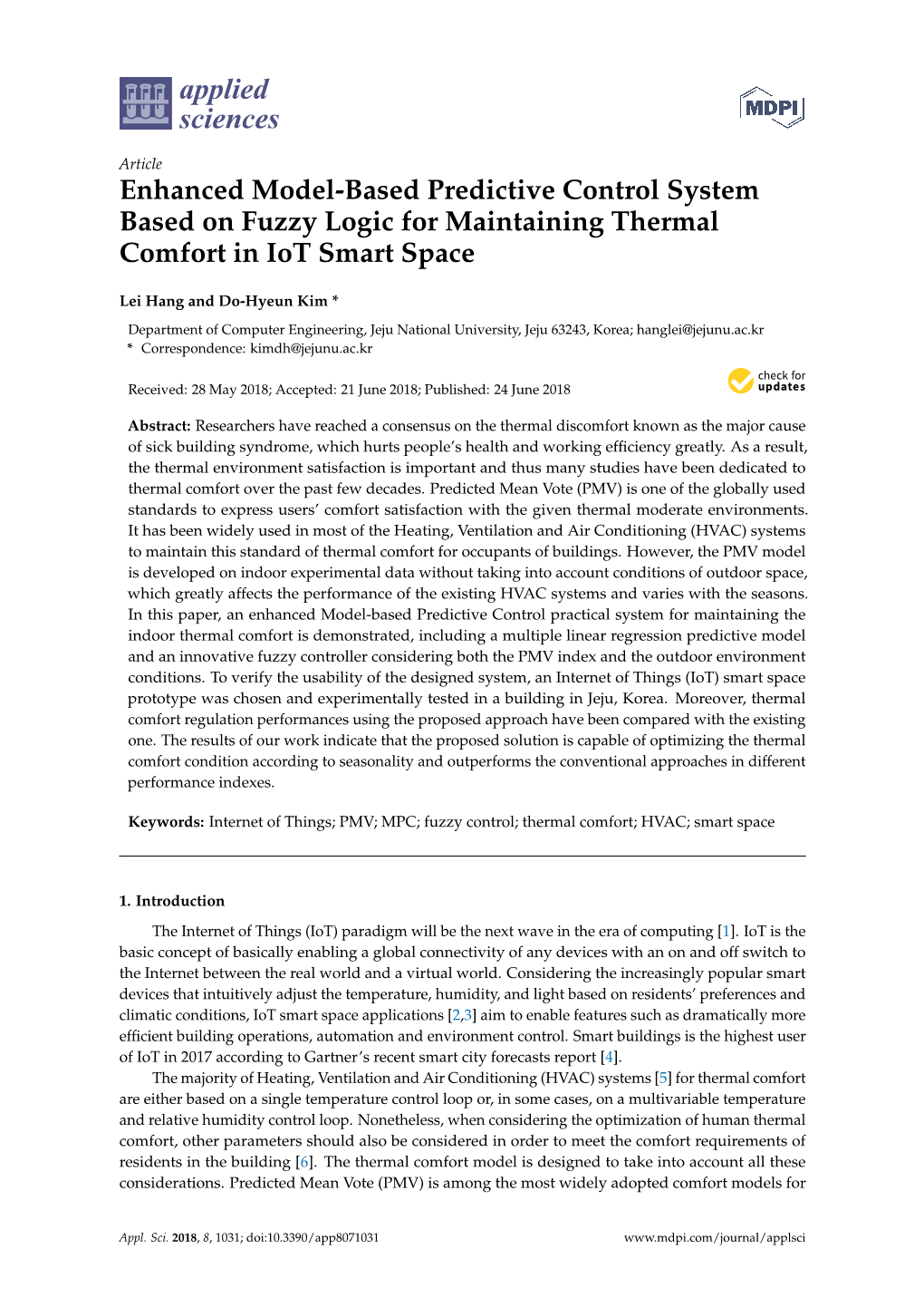 Enhanced Model-Based Predictive Control System Based on Fuzzy Logic for Maintaining Thermal Comfort in Iot Smart Space
