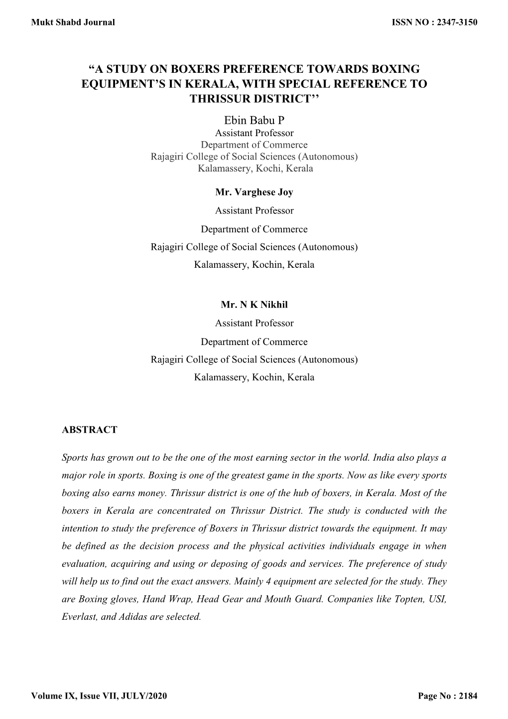 A Study on Boxers Preference Towards Boxing Equipment's in Kerala, with Special Reference to Thrissur District