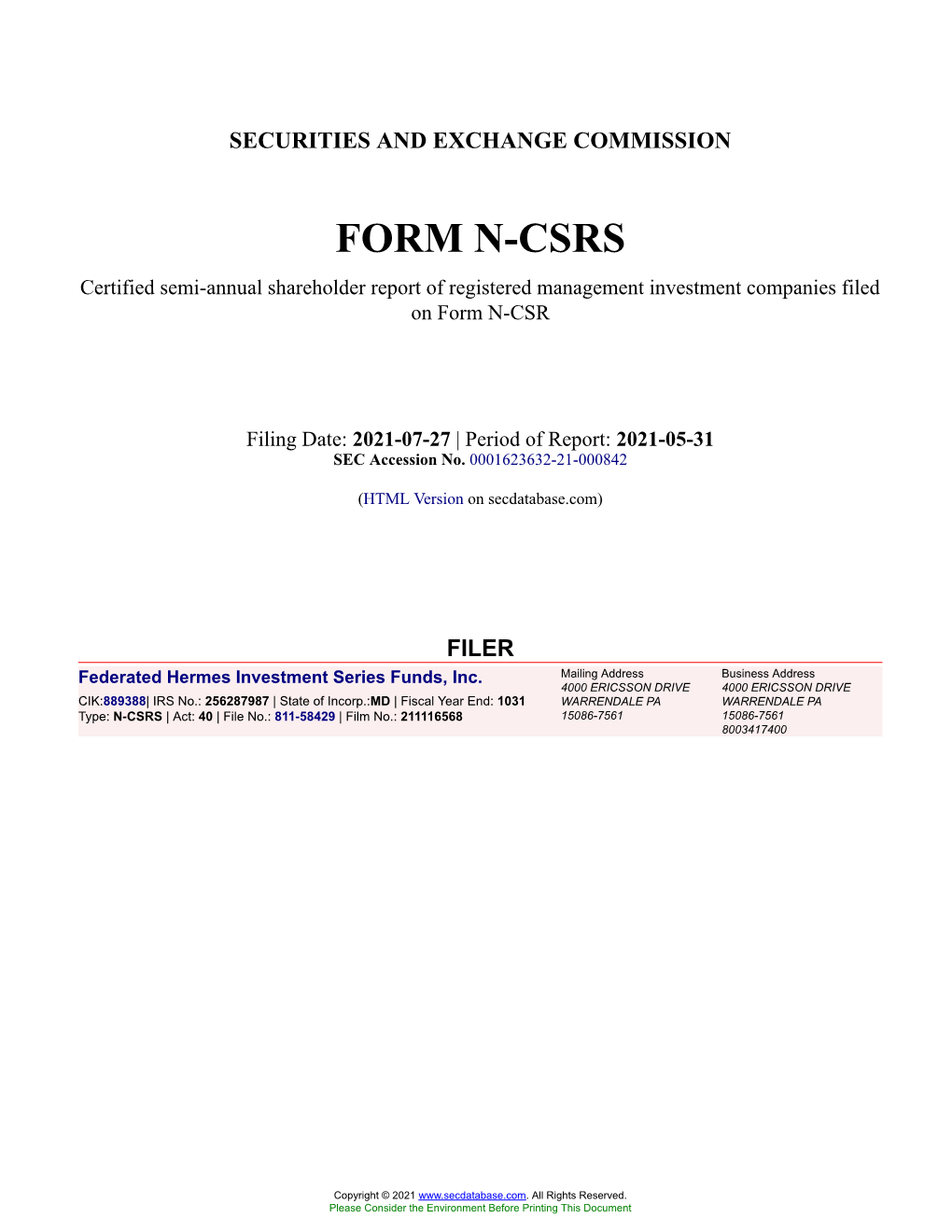 Federated Hermes Investment Series Funds, Inc. Form N-CSRS Filed 2021-07-27