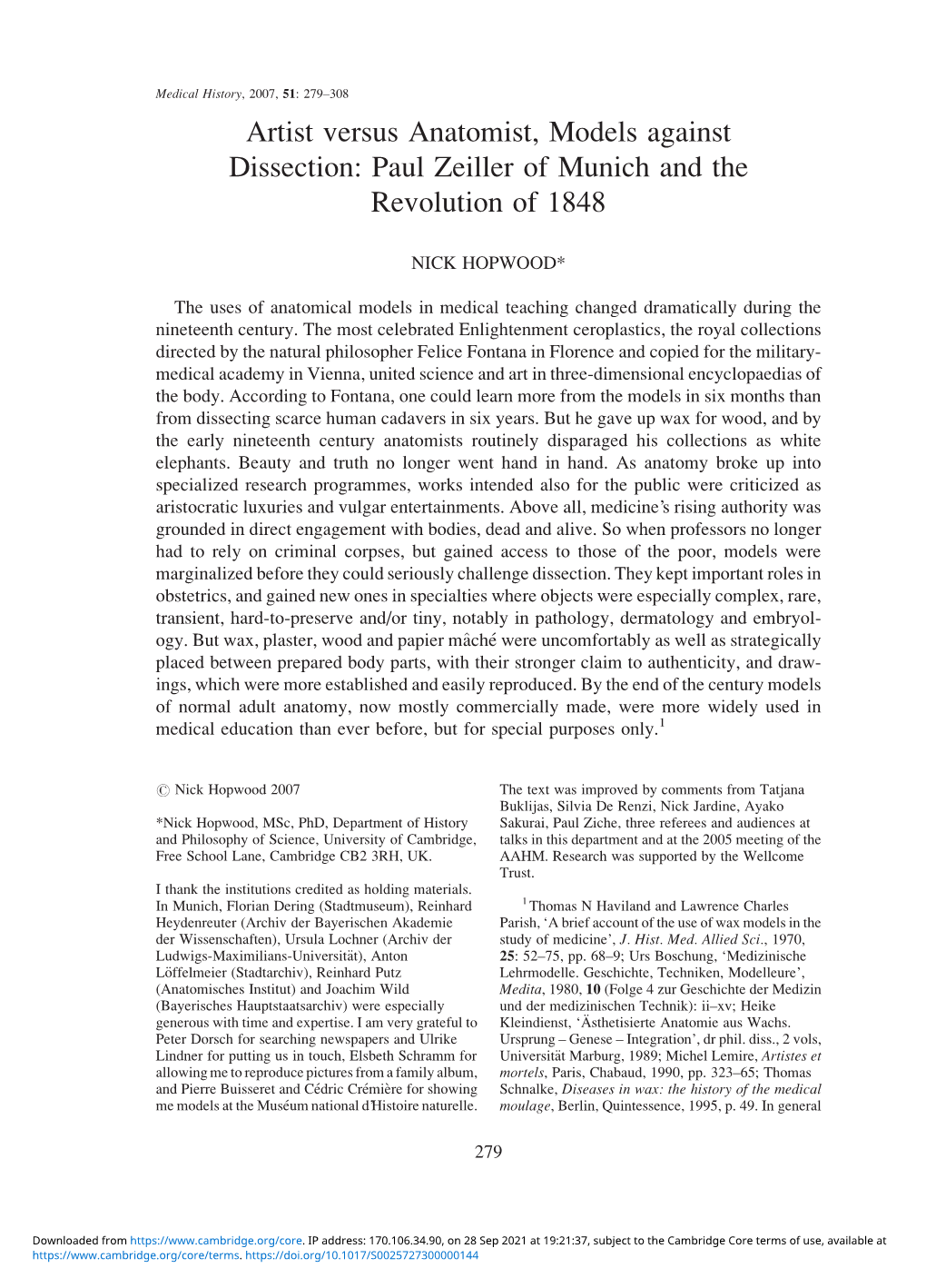 Artist Versus Anatomist, Models Against Dissection: Paul Zeiller of Munich and the Revolution of 1848