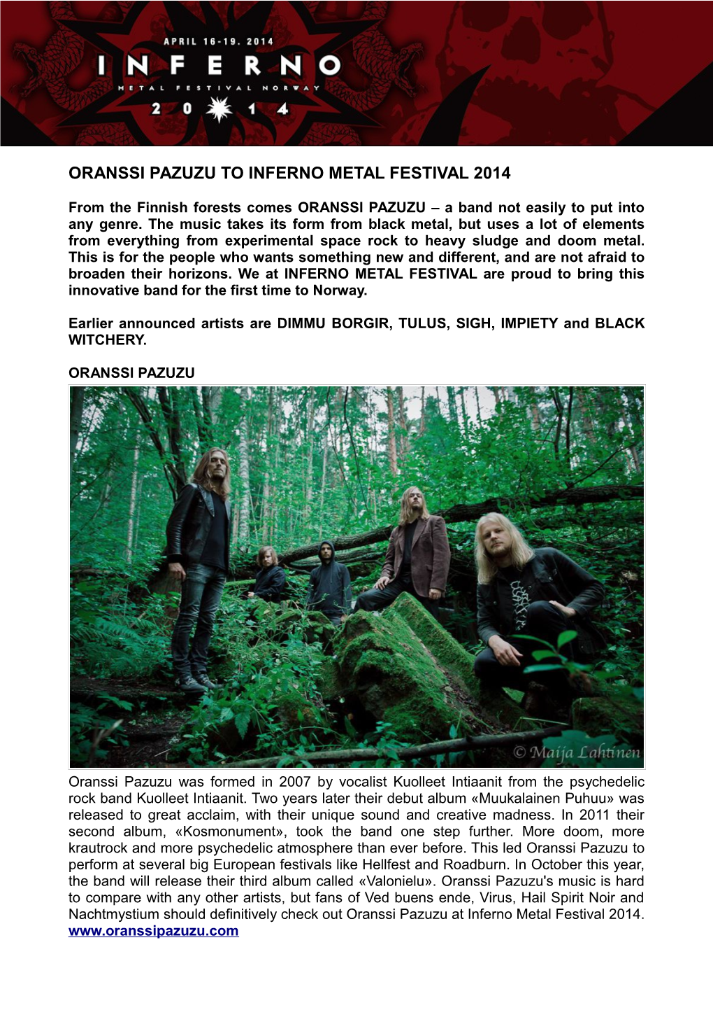 Oranssi Pazuzu to Inferno Metal Festival 2014