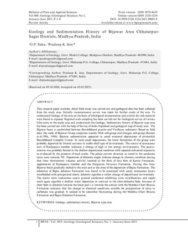 Geology and Sedimentation History of Bijawar Area Chhatarpur- Sagar Districts, Madhya Pradesh, India
