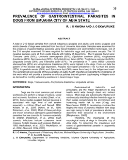 Prevalence of Gastrointestinal Parasites in Dogs from Umuahia City of Abia State