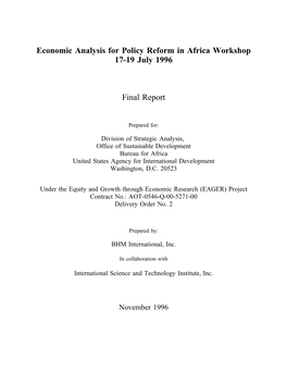 Economic Analysis for Policy Reform in Africa Workshop 17-19 July 1996