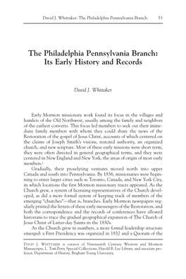 The Philadelphia Pennsylvania Branch: Its Early History and Records