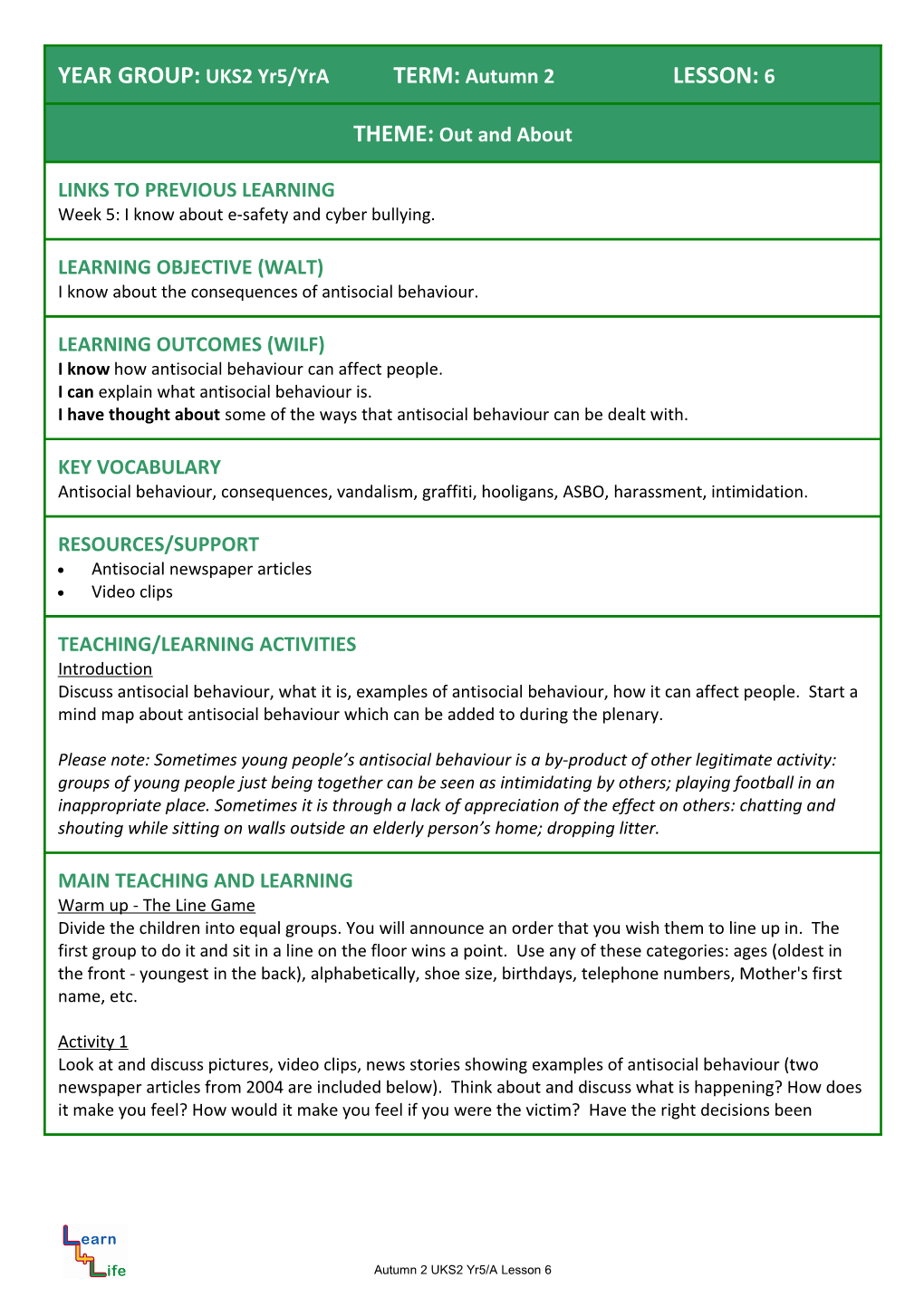 YEAR GROUP: LKS2 TERM: Autumn LESSON: 1 s5