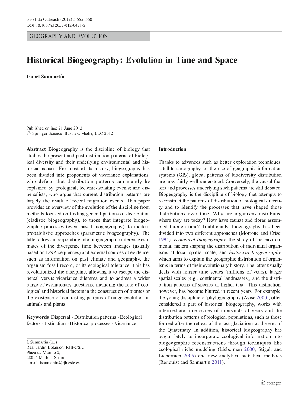 Historical Biogeography: Evolution in Time and Space