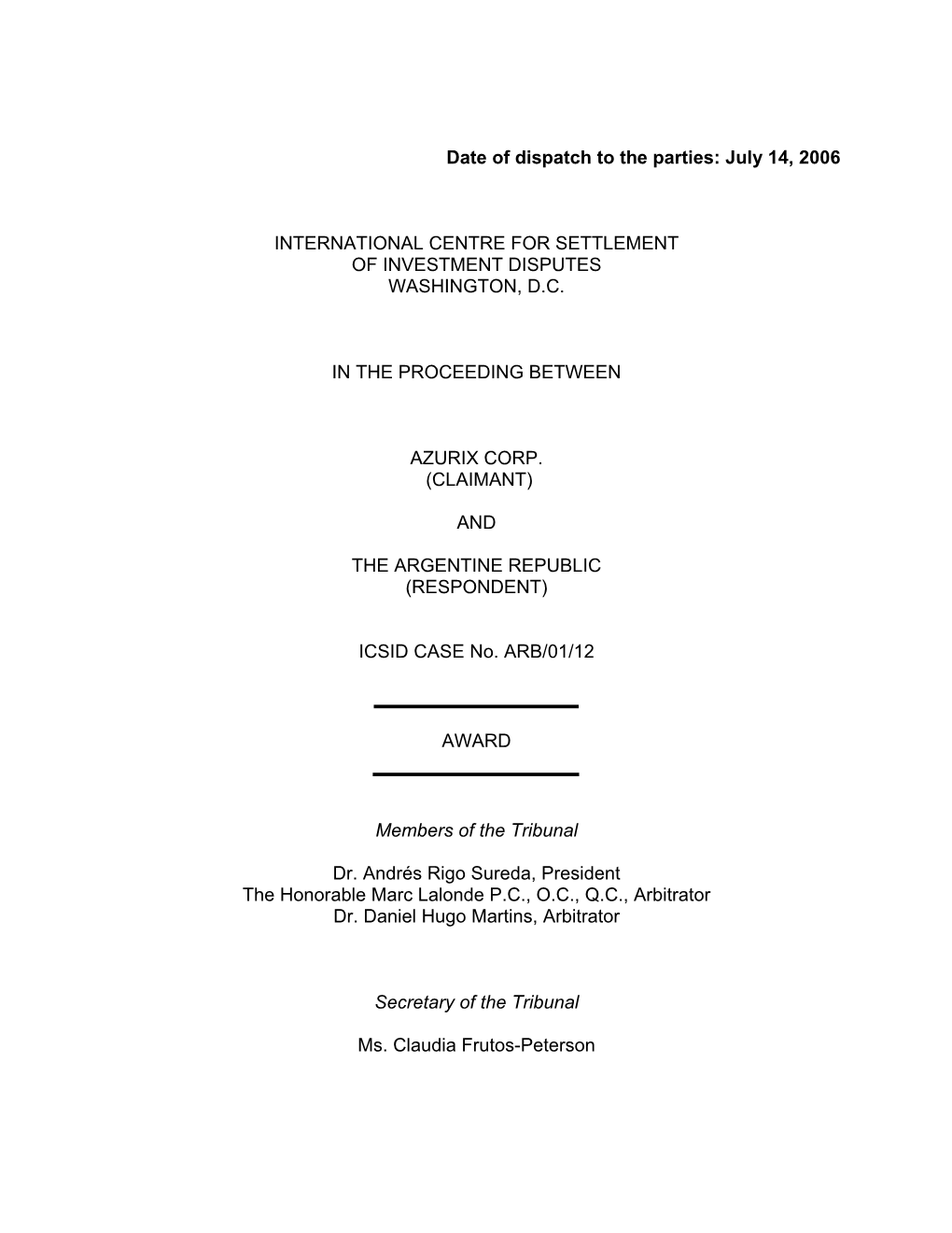 Azurix Corp. V. Argentine Republic, ICSID Case No. ARB/01/12, Award