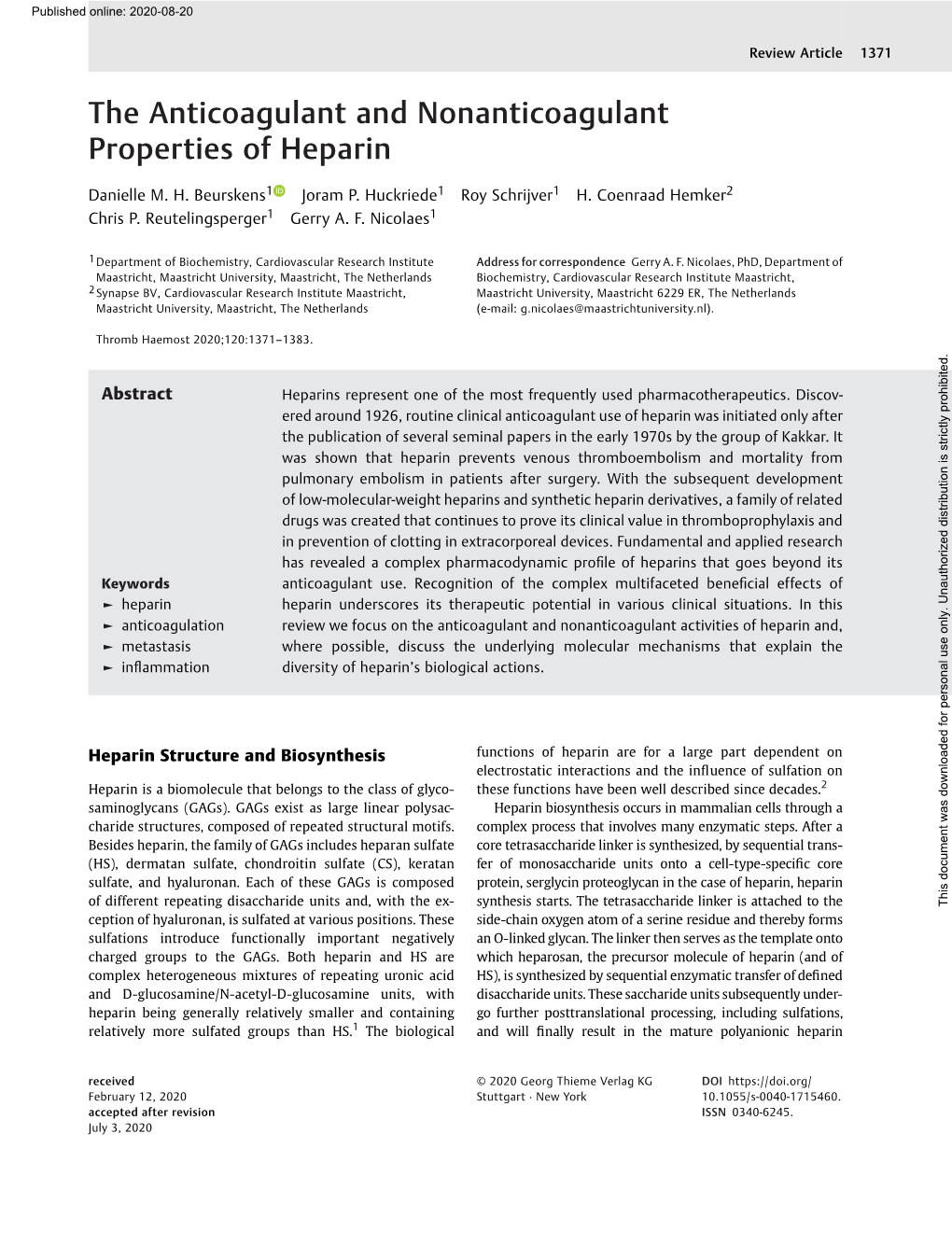 The Anticoagulant and Nonanticoagulant Properties of Heparin