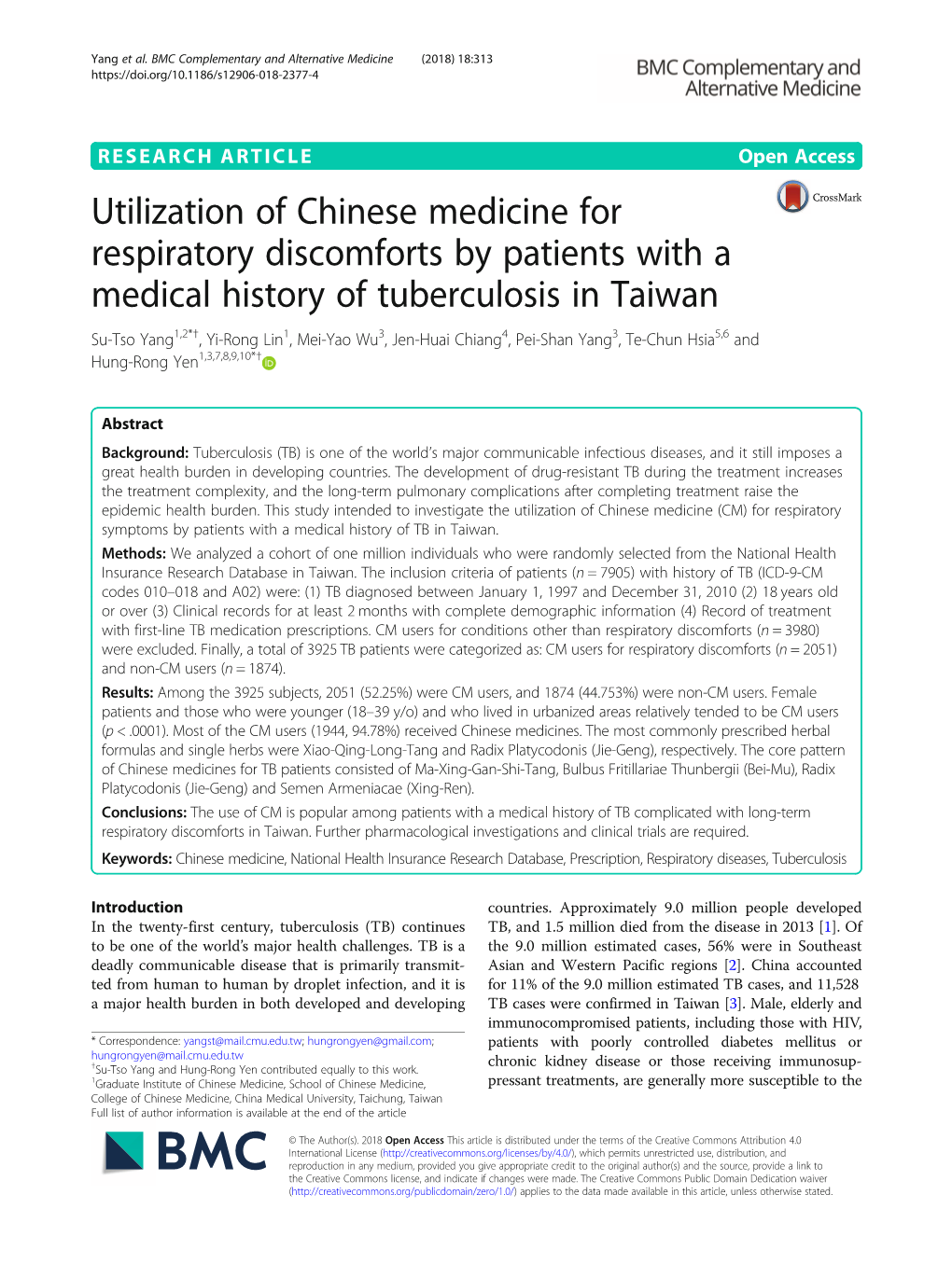 Utilization of Chinese Medicine for Respiratory Discomforts by Patients with a Medical History of Tuberculosis in Taiwan