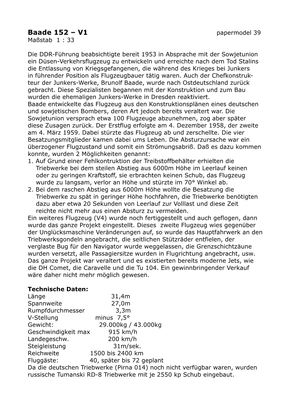 Baade 152 –V1 Papermodel 39 Maßstab 1 : 33