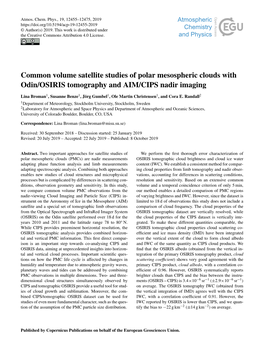 Common Volume Satellite Studies of Polar Mesospheric Clouds with Odin/OSIRIS Tomography and AIM/CIPS Nadir Imaging