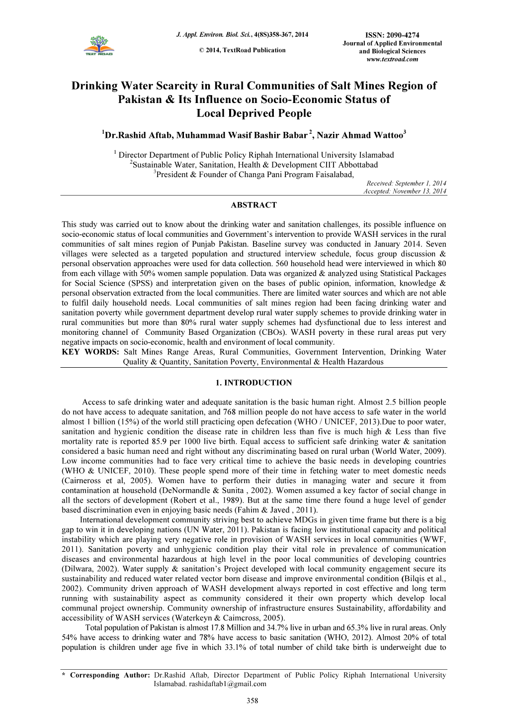 Drinking Water Scarcity in Rural Communities of Salt Mines Region of Pakistan & Its Influence on Socio-Economic Status of Local Deprived People