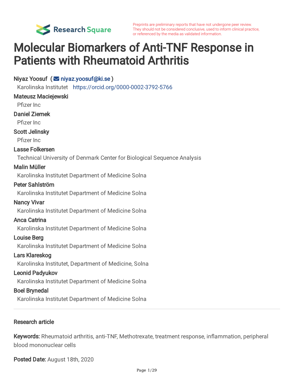 Molecular Biomarkers of Anti-TNF Response in Patients with Rheumatoid Arthritis