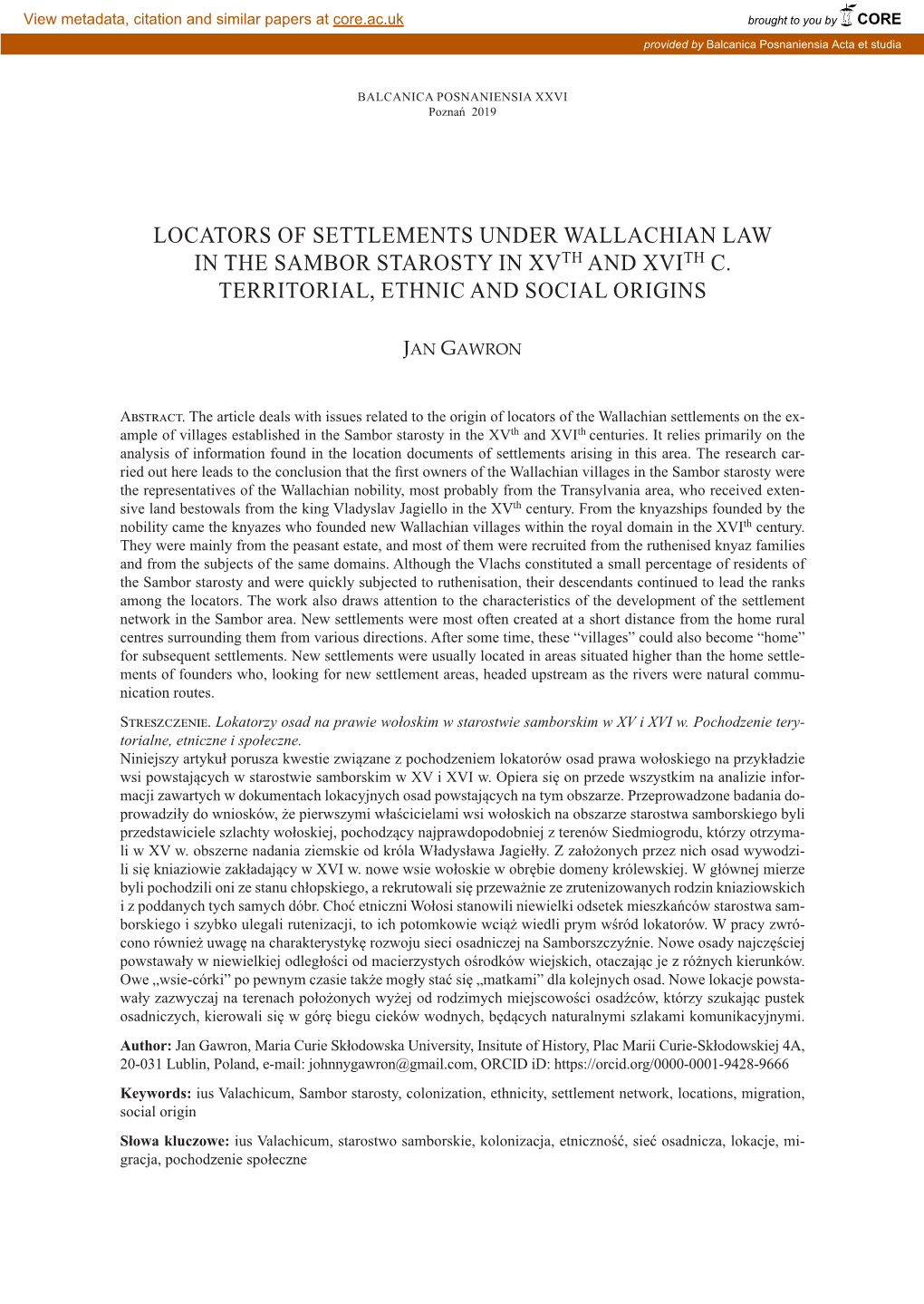 Locators of SETTLEMENTS UNDER WALLACHIAN LAW in the SAMBOR STAROSTY in Xvth and Xvith C