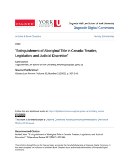 Extinguishment of Aboriginal Title in Canada: Treaties, Legislation, and Judicial Discretion"