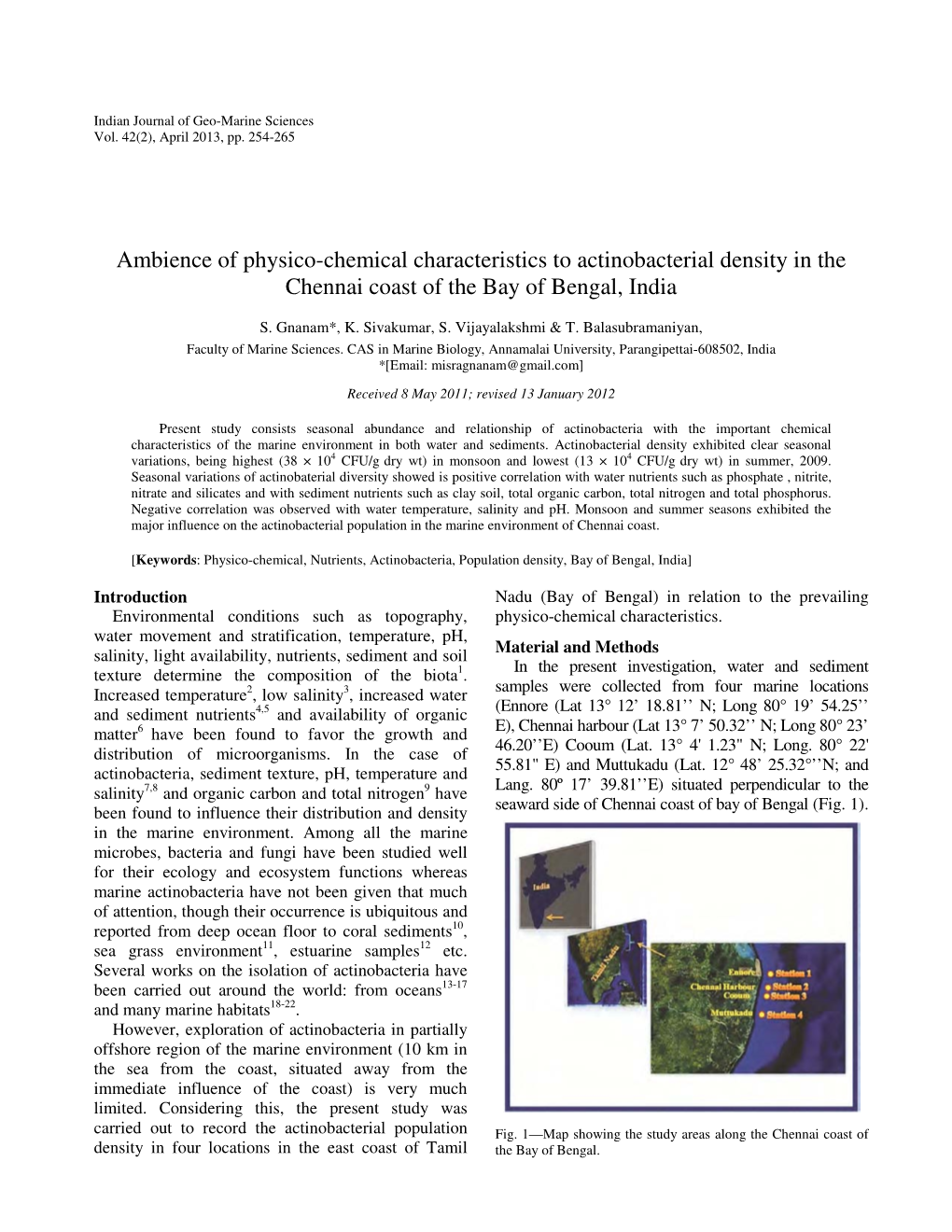 Ambience of Physico-Chemical Characteristics to Actinobacterial Density in the Chennai Coast of the Bay of Bengal, India