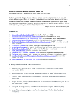 History of Punishment, Policing, and Protest Reading List Compiled by the History Department at Seattle University – June 2020