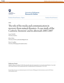The Role of the Media and Communication in Recovery from Natural Disasters a Case Study of the Canberra ‘Firestorm’ and Its Aftermath 2003-2007
