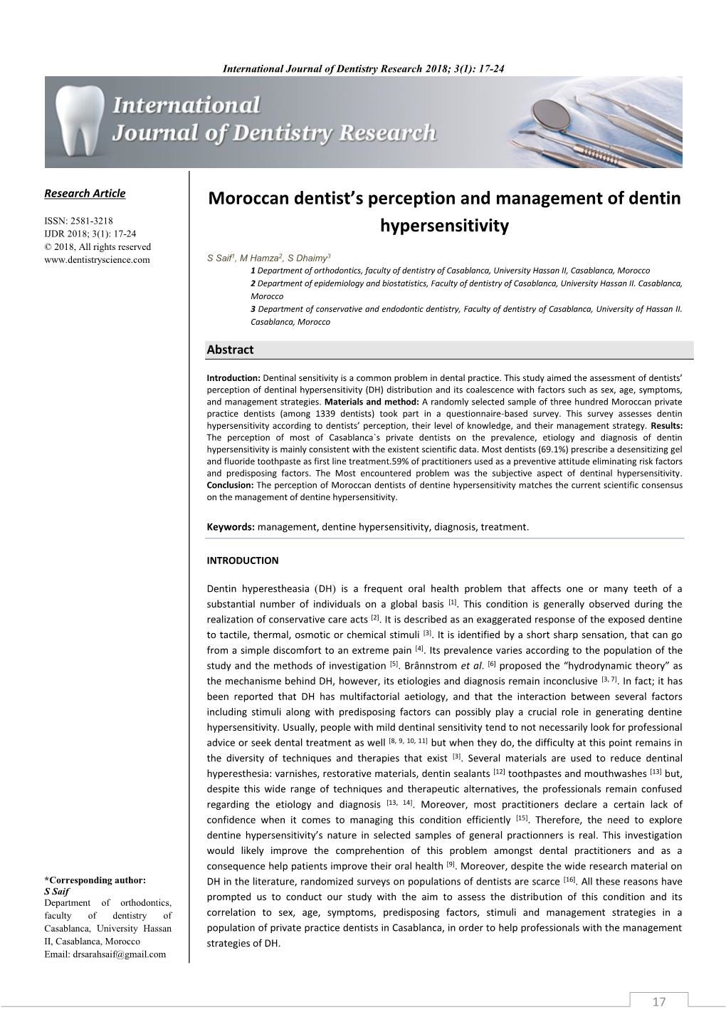 Moroccan Dentist's Perception and Management of Dentin