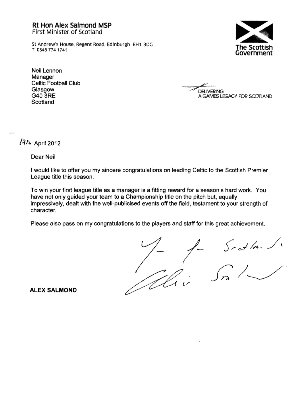 Rt Honatex Salmond MSP First Minister of Scotland
