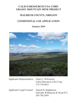 Calico Resources Usa Corp. Grassy Mountain Mine Project Malheur County, Oregon