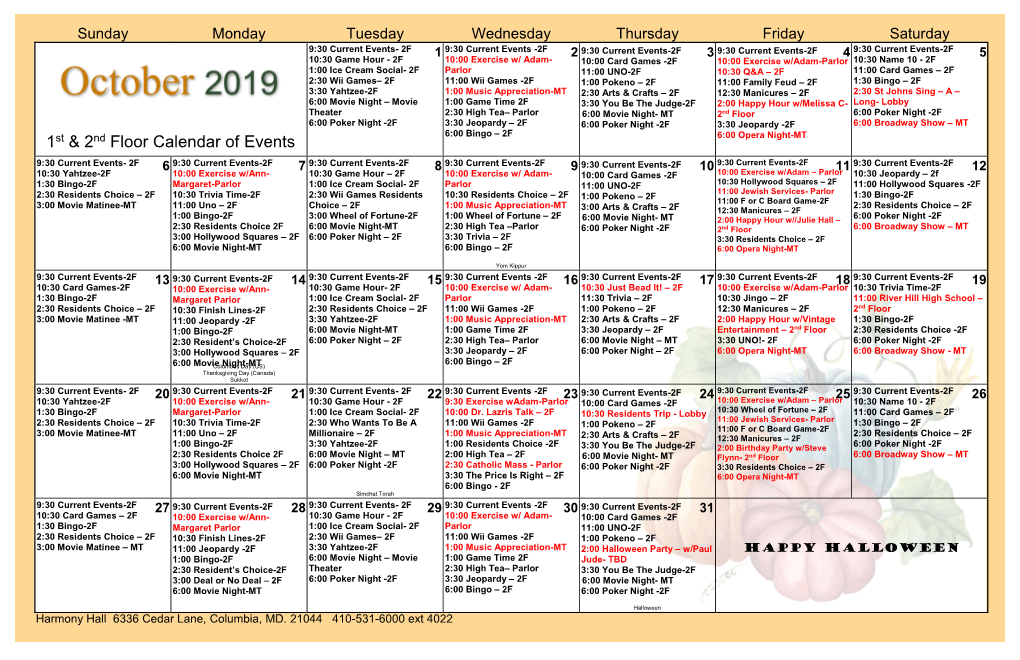 1St & 2Nd Floor Calendar of Events