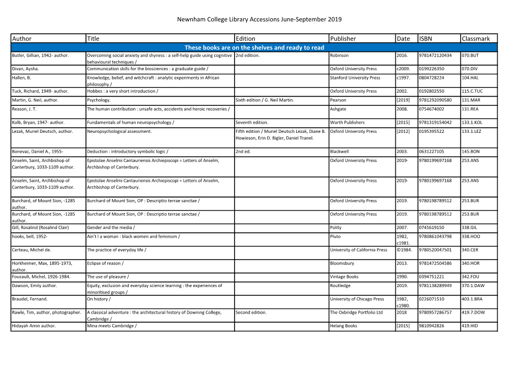 Newnham College Library Accessions June-September 2019 Author Title