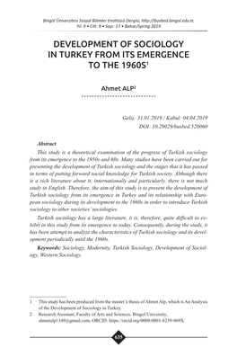 Development of Sociology in Turkey from Its Emergence to the 1960S1