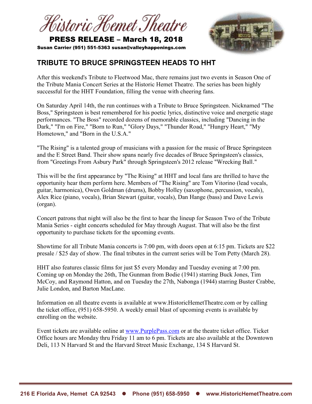 Tribute to Bruce Springsteen Heads to Hht