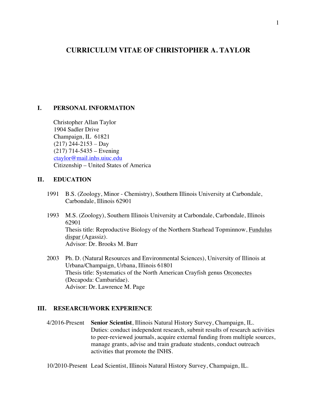 Curriculum Vitae of Christopher A. Taylor