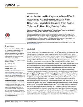 Arthrobacter Pokkalii Sp Nov, a Novel Plant Associated Actinobacterium with Plant Beneficial Properties, Isolated from Saline Tolerant Pokkali Rice, Kerala, India