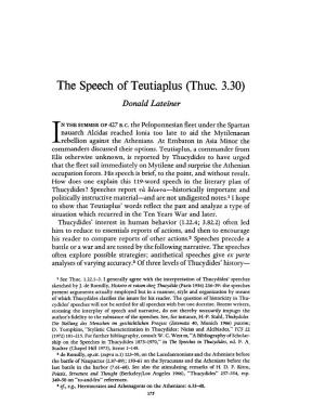 The Speech of Teutiaplus (Thuc. 3.30) Lateiner, Donald Greek, Roman and Byzantine Studies; Summer 1975; 16, 2; Proquest Pg