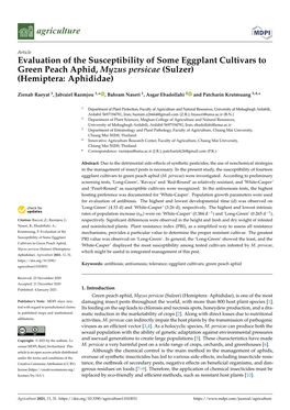 Evaluation of the Susceptibility of Some Eggplant Cultivars to Green Peach Aphid, Myzus Persicae (Sulzer) (Hemiptera: Aphididae)