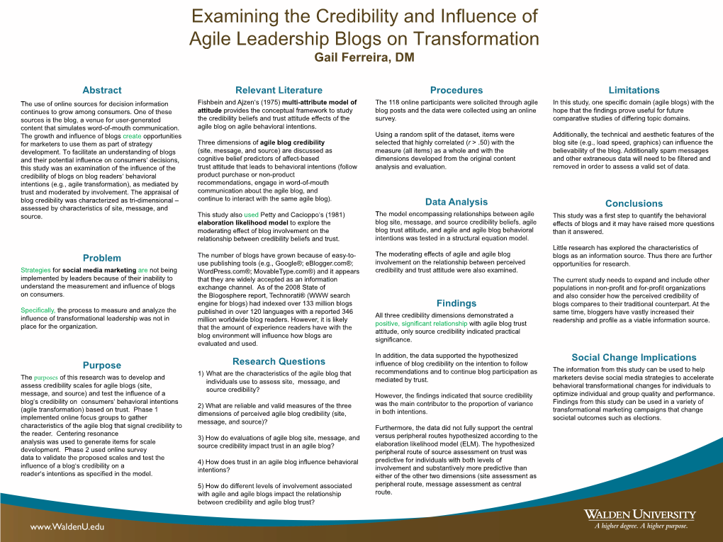 Examining the Credibility and Influence of Agile Leadership Blogs on Transformation Gail Ferreira, DM
